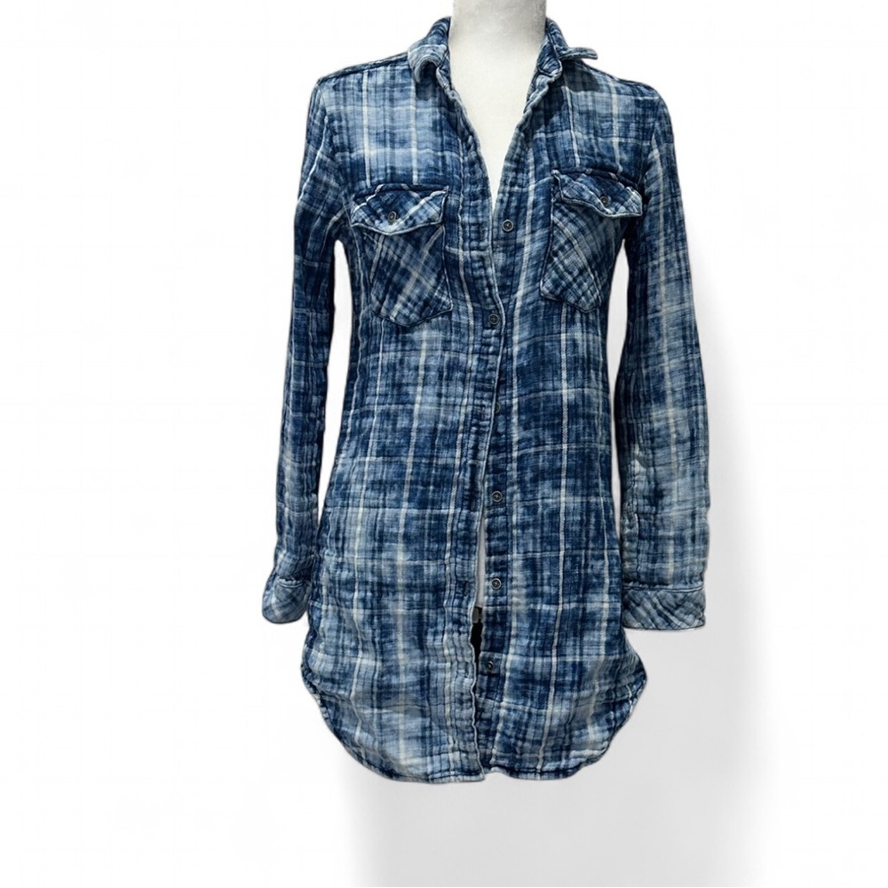 Anthropologie Plaid Shirt Dress Blue Cotton Button-Up XS